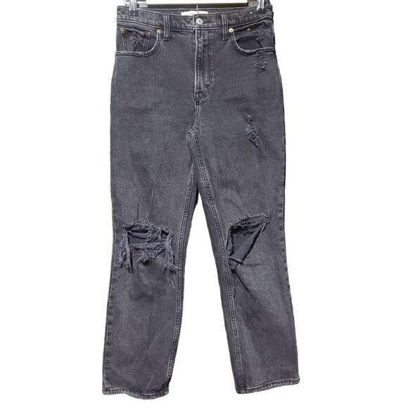 Abercrombie & Fitch The 90's Straight Ultra High Rise Distressed Black Denim Siz - Picture 1 of 8